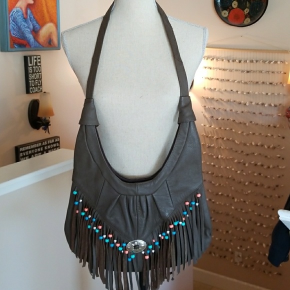 one of a kind Handbags - Dark Brown Leather Beaded Fringe Cross Body Purse